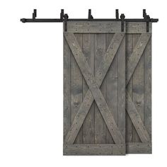 an open wooden door with metal bars on the top and bottom, against a white background