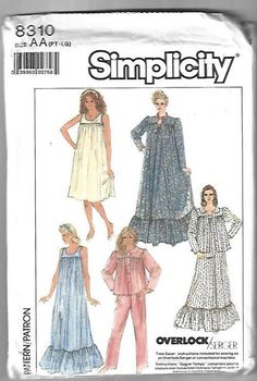 Simplicity 8310; ©1987;  "Misses' Nightgown in Two Lengths, Robe, Bed Jacket and Pajamas:  All garments (except pajama pants) are gathered to yokes and feature optional piping trim.  Robe with stand-up collar and bed jacket and pajama top with Peter Pan collar have front buttoned band and long sleeves.  Robe and long nightgown have ruffle.  Pants have elasticized waistline." Sewing pattern is uncut and in original factory folds. Fits the following ~~ Petite (6-8) Small (10 -12);  Medium (14 - 16 Vintage Nightgown Pdf Pattern, Free Plus Size Nightgown Patterns, Baby Doll Nightgown Pattern Free, Pillow Case Night Gown, Free Pattern Nightgown, Pajamas Sewing, Victorian Nightgown, Nightgown Pattern, Nightgown Robe