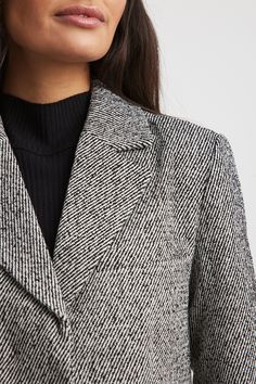 Tailored Tweed Shoulder Pads Blazer Office Tweed Blazer With Lapel Collar, Tweed Blazer With Lapel Collar For Office, Office Tweed Blazer With Notch Lapel, Tailored Tweed Blazer For Work, Workwear Blazer With Herringbone Pattern And Notch Lapel, Workwear Blazer With Notch Lapel And Herringbone Pattern, Notch Lapel Blazer With Herringbone Pattern For Work, Tweed Blazer With Welt Pockets For Work, Tweed Blazer With Lapel Collar For Work