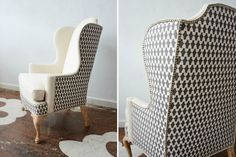 two chairs with black and white checkered upholstered back, side by side