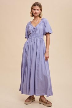 Lavender Smocked Puff Sleeve Maxi Dress Casual V-neck Maxi Dress With Gathered Sleeves, Short Sleeve Smocked Dress For Brunch, Casual Maxi Dress With Ruched Puff Sleeves, Spring Maxi Dress With Gathered Waist And Short Sleeves, Short Sleeve Maxi Dress With Gathered Waist For Spring, Modest Smocked Ruched Short Sleeve Dress, Maxi Length Smocked Dress With Gathered Waist For Daywear, Flowy Ruched Maxi Dress With Puff Sleeves, Billowy Smocked Dress With Short Sleeves