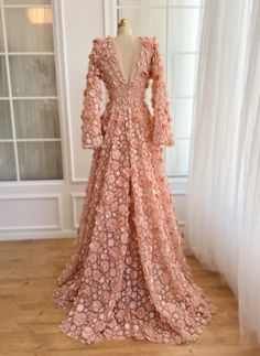 Peach Blossom Gown | Teuta Matoshi Wedding Gown With Floral Applique In Floor-length, Lace Evening Dress With Floral Applique For Gala, Gala Lace Evening Dress With Floral Applique, Gala Evening Dress With Floral Applique Lace, Lace Evening Dress With Floral Applique For Wedding, Floral Applique Lace Gown For Gala, Lace Floral Applique Gown For Gala, Gala Lace Gown With Floral Applique, Pink Floral Embellished Evening Dress For Wedding