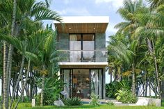 an artist's rendering of a modern house surrounded by palm trees and tropical vegetation