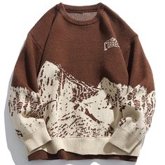 Lemandik Fall Jacquard Sweater Mountain Loose Knitwear, Mens Fashion Vintage, Sweatshirt Jean Jacket, Round Neck Sweater, Jacquard Sweater, Snow Mountain, Japanese Vintage, Sweater Men, Round Neck Sweaters