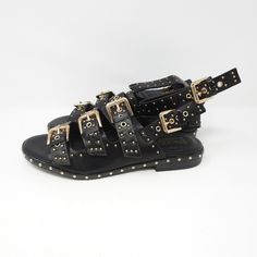 B557 Ls Edgy Studded Open Toe Sandals, Black Flat Sandals With Spikes, Edgy Black Studded Sandals, Black T-strap Sandals With Buckle For Beach, Black Slip-on Sandals With Studded Rubber Outsoles, Asos Shoes, Gold Sandals, Women's Shoes Sandals, Shoes Sandals