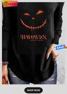 Off Shoulder Casual Cotton Blends Cartoon Halloween T-shirt Halloween Horror Long Sleeve T-shirt, Spooky Black T-shirt For Fall, Black Crew Neck Top For Halloween, Horror Long Sleeve T-shirt For Fall, Halloween Graphic Print Long Sleeve T-shirt, Halloween Long Sleeve Graphic T-shirt, Horror Style Long Sleeve T-shirt With Letter Print, Horror Long Sleeve T-shirt With Letter Print, Long Sleeve Horror T-shirt With Letter Print