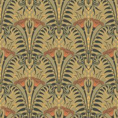 an art deco style wallpaper with orange and green flowers on the back ground,