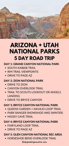 the arizona and utah national parks road trip is shown in this pink poster with black lettering