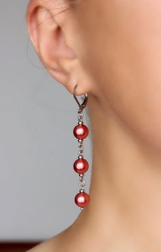 Unique pearl earrings with bright red-pink high quality czech glass pearl coated 8 mm beads, tiny stainless steel beads-separators, steel jumping ringa and stainless steel lever back earring hooks. Earring hooks are from nickel free and lead free metal. The total lenght of earrings is about 65 mm including earring hooks. Perfect jewelry for everyday wear and a great gift! Other earrings of my shop you can see here: https://www.etsy.com/shop/NaTavelli?section_id=13757927 Thanks for visit! Affordable Red Faceted Bead Earrings, Cheap Red Earrings With Faceted Beads, Cheap Trendy Earrings With Dangling Beads, Cheap Dangle Jewelry With Large Beads, Cheap Red Wire Wrapped Earrings, Elegant Cheap Beaded Drop Earrings, Cheap Red Dangling Beads Earrings, Cheap Red Earrings With Ear Wire, Cheap Red Beaded Dangling Earrings