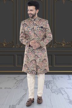 This multi-color sherwani for men is a versatile addition to any wardrobe. Crafted with precision, its unique design showcases expert tailoring and a blend of vibrant colors, making it perfect for any occasion. Express your personal style with confidence and make a statement wherever you go. Designer Long Sleeve Sherwani For Festive Occasion, Designer Straight Kurta Sherwani For Diwali, Designer Fitted Traditional Wear For Winter, Designer Long Sleeve Sherwani For Eid, Designer Unstitched Nehru Jacket, Designer Long Sleeve Sherwani For Diwali, Designer Ceremonial Sherwani With Long Sleeves, Designer Multicolor Kurta For Transitional Season, Festive Multicolor Nehru Jacket For Designer Wear