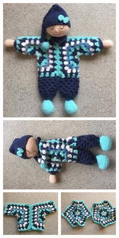 crocheted doll with blue and white jacket, hat and booties on the floor