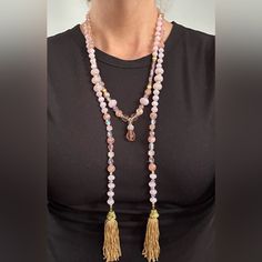 Pink Beaded Lariat Gold Tassel Necklace. Never Worn, No Marks Or Scratches Multi Shade Of Pink 68” Total Length Bohemian Pink Crystal Necklaces With Faceted Beads, Pink Bohemian Crystal Necklace With Faceted Beads, Bohemian Pink Crystal Necklace With Faceted Beads, Pink Bohemian Lariat Jewelry, Bohemian Pink Lariat Jewelry, Adjustable Lariat Beaded Necklaces With Tassels, Pink Spiritual Crystal Necklaces, Adjustable Pink Necklace With Gemstone Beads, Pink Beaded Crystal Necklace With Adjustable Fit