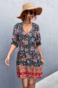 F00126324-105 Boho Sundress, Chic Summer Dresses, Attractive Clothing, Petal Sleeve, Bohemian Floral, Floral Print Shorts, Boho Summer, Boho Women, Mini Dress With Sleeves