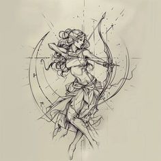 a drawing of a woman holding a bow and arrow