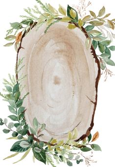 a watercolor painting of a tree stump with leaves and branches around it