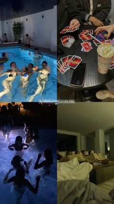 people are playing cards in the pool and on their stomachs, while others watch