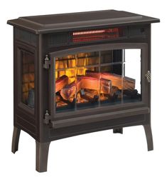 an electric stove with logs in it and flames coming from the top, on a white background