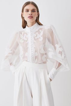 Organdie Applique Buttoned Woven Blouse | Karen Millen Elegant Wedding Blouse With Set-in Sleeves, Elegant Tops With Embroidered Sleeves For Work, Elegant Embroidered Sleeve Top For Work, Elegant Voluminous Summer Blouse, Elegant Wedding Blouse With Embroidered Sleeves, Elegant Blouse With Embroidered Sleeves For Wedding, Elegant Blouse With Voluminous Lantern Sleeves, Elegant Blouse With Sheer Organza Sleeves, Elegant Organza Blouse With Sheer Sleeves