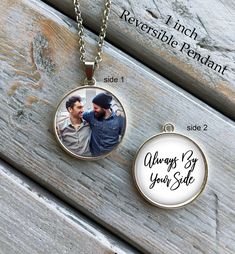 two personalized necklaces with one photo and the other saying, always be your side