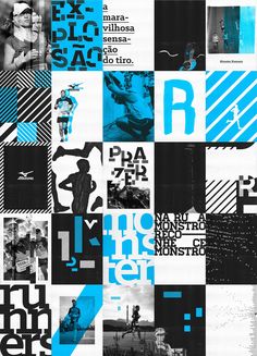 an abstract collage with blue and black letters, numbers, and images on it