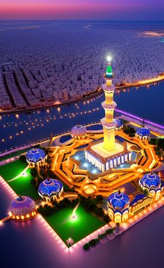 an artist's rendering of a mosque lit up at night