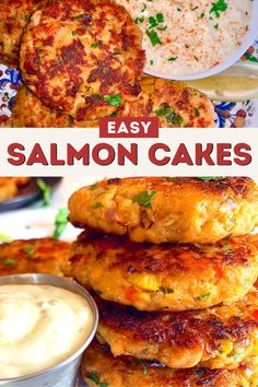 salmon cakes are stacked on top of each other