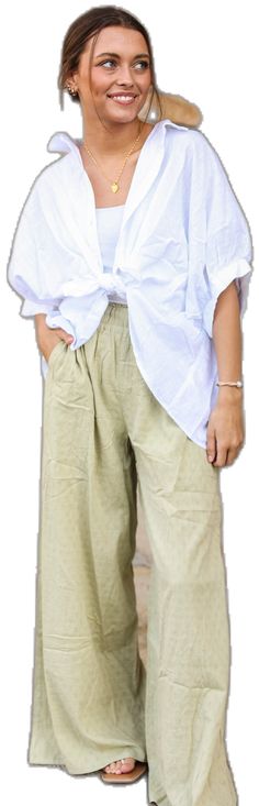 Relaxed Green Pants For Summer, Relaxed Green Summer Pants, Relaxed Green Bottoms With Pockets, Casual Green Linen Bottoms, Green Linen Beach Pants, Khaki Linen Pants With Elastic Waistband, Summer Green Linen Harem Pants, Green Linen Harem Pants With Elastic Waistband, Green Wide-leg Pull-on Pants