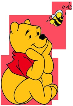 a winnie the pooh bear sitting with a honeybee flying by it's side