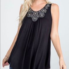 Chest 18" (Flat Measurement) Fabric: 95 Rayon And 5% Spandex Made In: Usa Black Beaded Tops For Summer, Black Beaded Summer Tops, Summer Black Beaded Top, Stretch Embellished Black Tops, Black Stretch Embellished Tops, White Sheer Top, Umgee Tops, Floral Lace Tops, Blue Long Sleeve Shirt