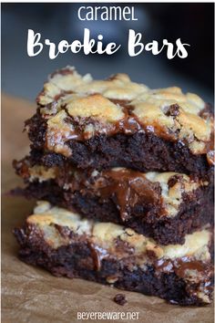 chocolate caramel brownie bars stacked on top of each other with text overlay