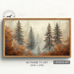 a painting with trees in the background and foggy sky behind it, on a white wall