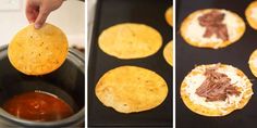 the process of making mini tortillas is shown in three different stages and then being made