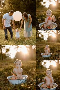 a baby sitting in a bucket with an adult holding a balloon and another child standing next to it