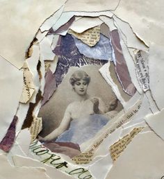 an altered photograph of a woman's body on torn up pieces of paper with words