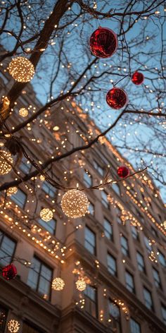 christmas lights are hanging from the branches of a tree in front of a large building