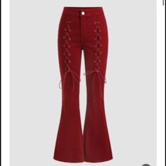 Flared Pants From Cider. Size Medium And Never Worn, Just Too Big For Me! Tie Up Feature On The Front Of The Legs. No Pockets Or Belt Loops. Cris Cros Ties Spring Burgundy Cotton Bottoms, High Waist Red Pants For Fall, High Waist Burgundy Pants For Spring, High Waist Burgundy Cotton Pants, Red High-waisted Jeans For Spring, Red Cotton Pants For Fall, Fitted Red Wide Leg Pants For Fall, Burgundy Long Pants For Spring, Spring Burgundy Long Pants