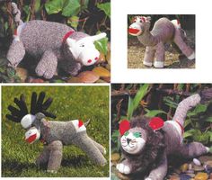 three pictures of stuffed animals in the grass