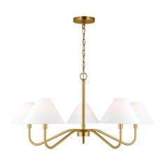 a brass chandelier with three white lamps hanging from the bottom and one light on top