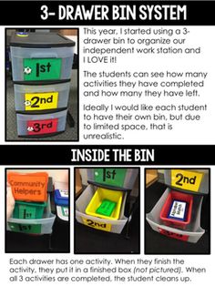 three - drawer bin system instructions for students to use