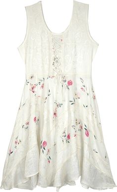 A graceful and elegant edition, this sleeveless dress has a beautiful look to it. With its sleeveless style, it has a smocked back and laces on the front. #tlb #Sleeveless #Embroidered #Lace #vacationclothing #Printed #SummerDress #westerndress Floral Panel Dress, Feminine Summer Mini Dress With Lace-up Back, Feminine Summer Dresses With Lace Back, Sleeveless Lace Mini Dress With Lace Back, Spring Sleeveless Dress With Lace-up Back, Summer Dresses With Lace-up Back For Spring, Spring Garden Party Dress With Lace Back, Feminine Summer Dress With Lace-up Back, Feminine Beach Dress With Lace-up Back