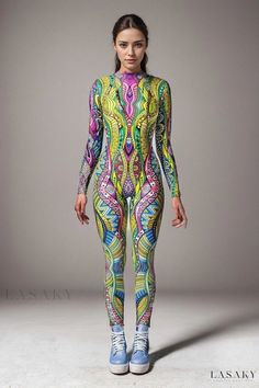 Lasaky - Colorful Digital Print Jumpsuit with Tight-Fitting Long Sleeves Video Game Pattern, Halloween Video Game, Bodysuit Costume, Electric Forest, Modest Clothing, Print Bodysuit, Printed Jumpsuit, Womens Bodysuit, Long Sleeve Bodysuit