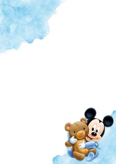 a mickey mouse hugging a teddy bear in the air with blue clouds behind it and an empty space for text