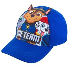 a blue hat with an image of a cartoon dog on the front and paw patrol on the back