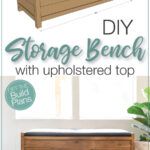 the diy storage bench with upholstered top is easy to make and looks great