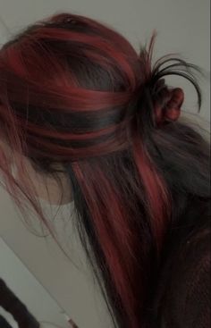 Long Dyed Hair Aesthetic, Scarletcore Aesthetic, Red Highlights In Brown Hair Wavy, Black Hair With Colored Extensions, Curls Dyed Hair, Dark Red Skunk Stripe Hair, Black With Red Underneath Hair, Red Hair Grunge Aesthetic, Hair With Colored Highlights