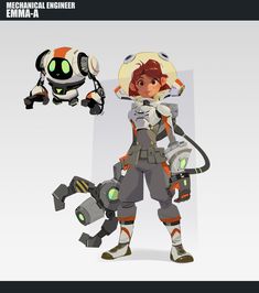 an animated character is standing next to another character in front of a white background with text that reads mechanical engineer emima - a