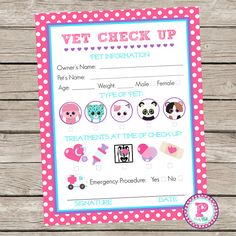 a printable vet check up sheet with pink and blue polka dots on wood planks