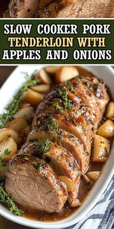 This Slow Cooker Pork Tenderloin with Apples and Onions is the ultimate comfort food. Tender, juicy pork combined with sweet apples and savory onions creates a mouthwatering dish that’s perfect for busy weeknights or special occasions. 🔥 Try it today and elevate your dinner game with this simple yet flavorful dish. Don't forget to save this recipe for later and share with friends! 🥘👇 #SlowCookerRecipe #PorkTenderloin #EasyDinner #FallRecipes #ComfortFood #SlowCookerMeals Crockpot Pork Tenderloin And Apples, Slow Cooker Pork With Apples, Apple And Onion Pork Tenderloin, Crockpot Pork Loin With Apples, Pork Roast And Veggies Crock Pot Recipes, Pork Recipes In Crockpot, Pork Apples Onions Crockpot, Tenderized Pork Tenderloin Recipes, Crock Pot Pork Loin And Potatoes