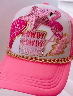 Howdy Trucker Hat With Patches Pink Flamingo Western Hat Sequin Star Custom Trucker Cap Trendy Design for Women Fun and Stylish Accessory - Etsy Barbie Trucker Hat, Designer Trucker Hat, Hat Patches Design, Trucker Hat Designs With Patches, Trucker Hat Bar Ideas, Custom Trucker Hats Patches, Patch Trucker Hat Ideas, Trucker Hats With Patches, Trucker Hat Ideas