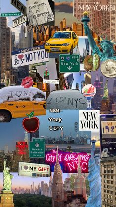 collage of new york city signs and famous landmarks